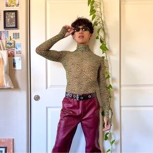 Green Leopard AFRM Sheer Turtleneck Top
